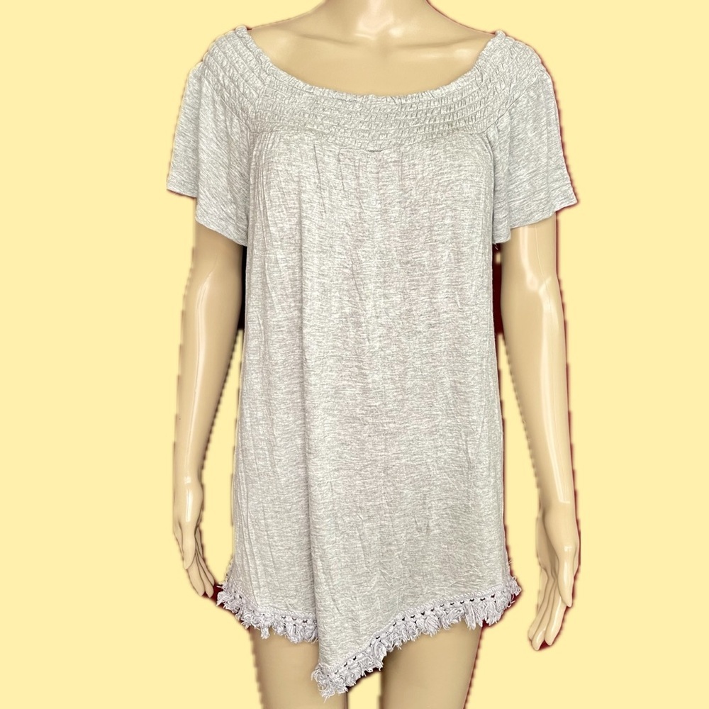 French Laundry Heather Gray Fringe Tassels On/Off Shoulder Top XL